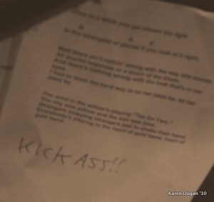 Tim was reading lyrics all night!